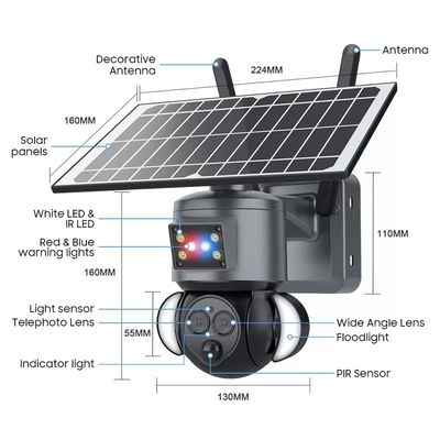 PTZ 12X Zoom Smart Floodlight Solar Wifi Camera Red Blue Warning