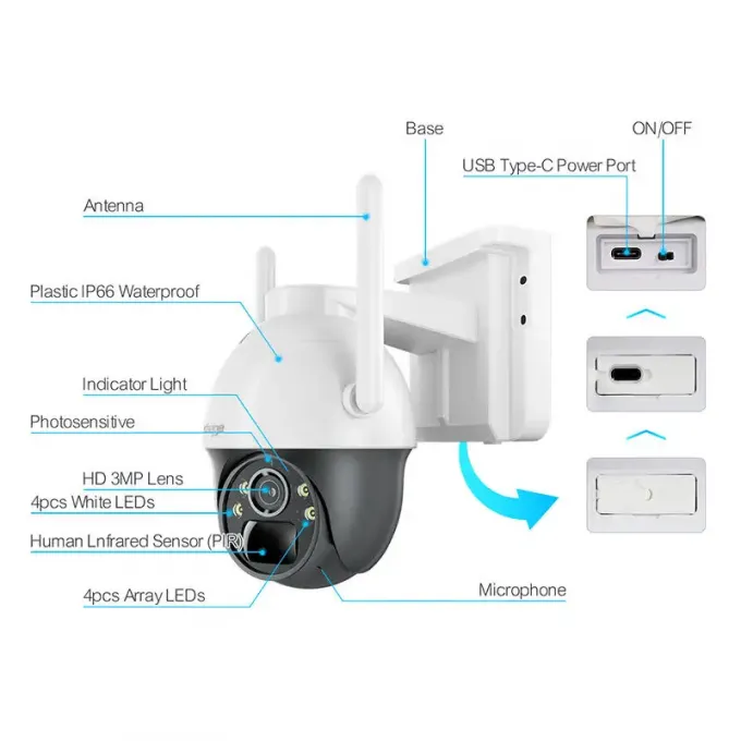Cảm biến CMOS Camera an ninh năng lượng mặt trời Wifi Ptz 4mp HD Wifi Ip Camera giám sát 0